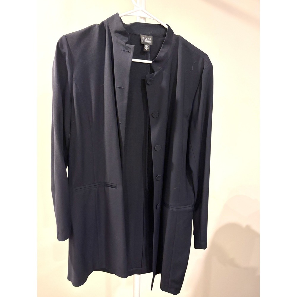 Eileen Fisher Small Wool Blend Mandarin Collar Longline Blazer Jacket‎ Black